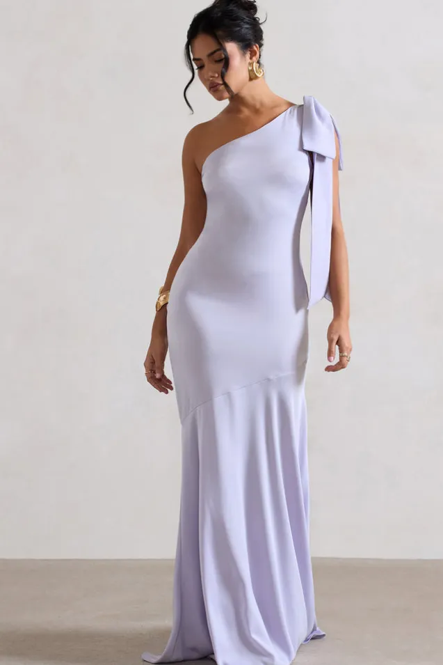 Here For Love | Lilac Satin Asymmetric Maxi Dress With Bow