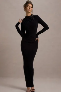 Hespera | Black High-Neck Long-Sleeve Gathered Maxi Dress