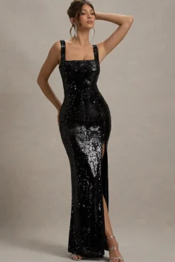 High Life | Black Sequin Square Neck Split Front Maxi Dress