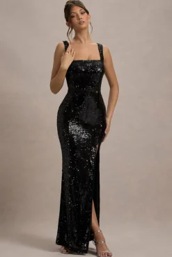 High Life | Black Sequin Square Neck Split Front Maxi Dress
