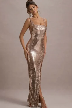 High Life | Rose Gold Sequin Square Neck Split Front Maxi Dress