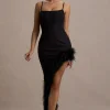 High Status | Black Strappy Corset Asymmetric Maxi Dress With Feather Trim