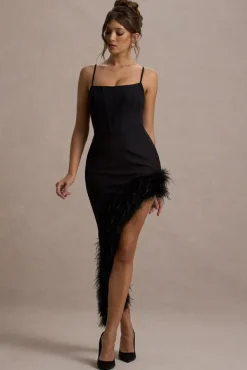 High Status | Black Strappy Corset Asymmetric Maxi Dress With Feather Trim