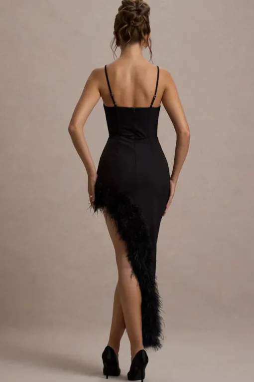 High Status | Black Strappy Corset Asymmetric Maxi Dress With Feather Trim