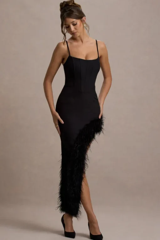 High Status | Black Strappy Corset Asymmetric Maxi Dress With Feather Trim