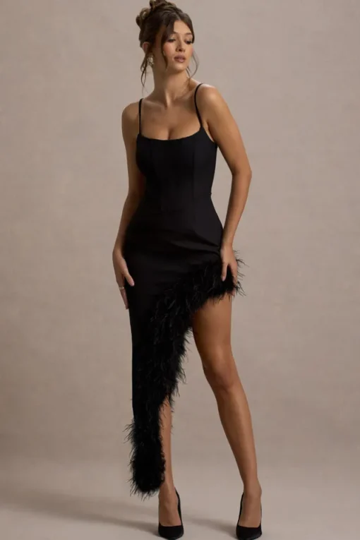 High Status | Black Strappy Corset Asymmetric Maxi Dress With Feather Trim