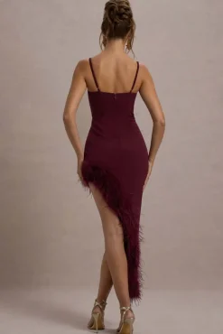 High Status | Burgundy Strappy Corset Asymmetric Maxi Dress With Feather Trim