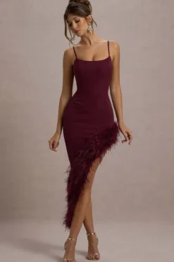 High Status | Burgundy Strappy Corset Asymmetric Maxi Dress With Feather Trim