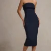 Highway | Navy Pinstripe Strapless Midi Dress