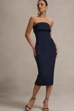 Highway | Navy Pinstripe Strapless Midi Dress