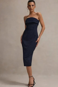 Highway | Navy Pinstripe Strapless Midi Dress