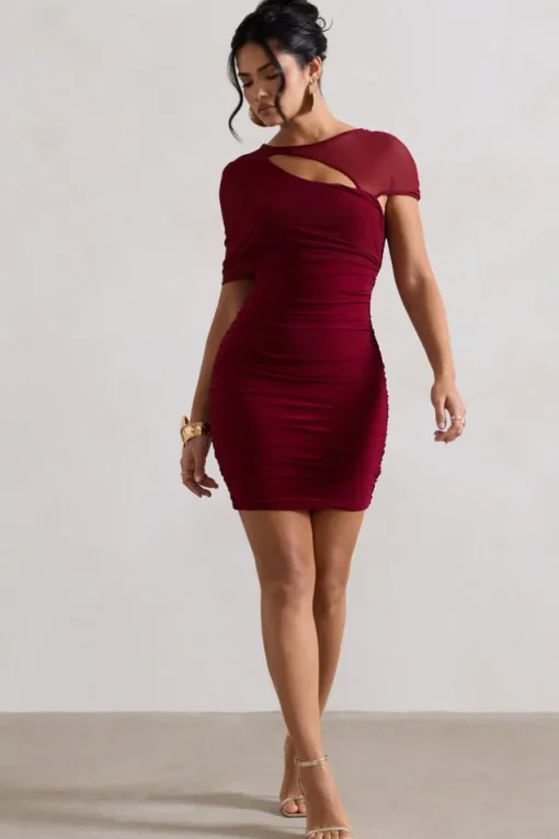 Himalaya | Mulberry Ruched Mini Dress With Mesh Overlay