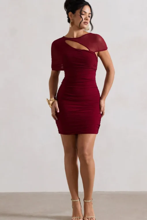 Himalaya | Mulberry Ruched Mini Dress With Mesh Overlay