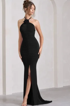 Holly | Black Ruched Halter-Neck Split Fishtail Maxi Dress