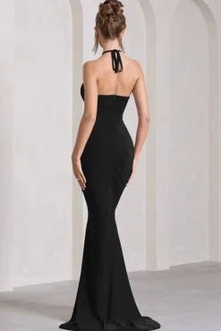 Holly | Black Ruched Halter-Neck Split Fishtail Maxi Dress