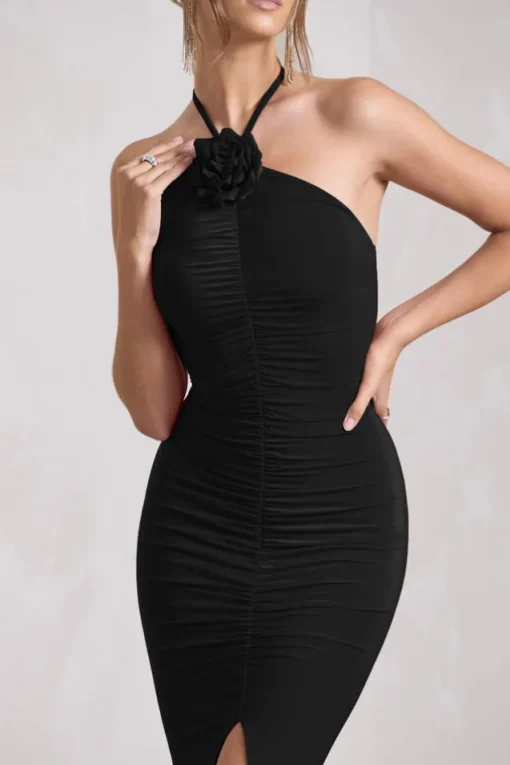 Holly | Black Ruched Halter-Neck Split Fishtail Maxi Dress