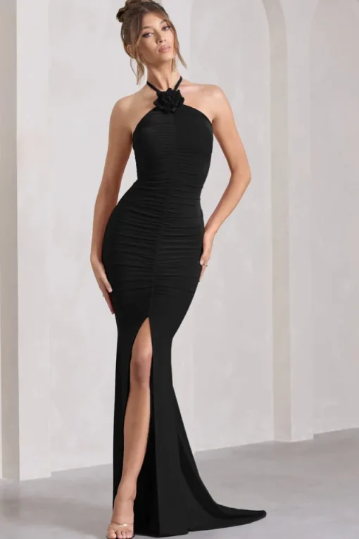 Holly | Black Ruched Halter-Neck Split Fishtail Maxi Dress