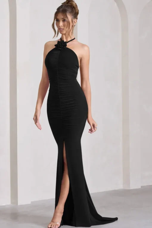 Holly | Black Ruched Halter-Neck Split Fishtail Maxi Dress
