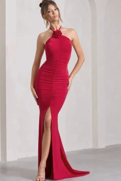 Holly | Red Ruched Halter-Neck Split Fishtail Maxi Dress