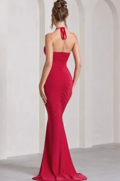 Holly | Red Ruched Halter-Neck Split Fishtail Maxi Dress
