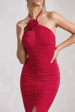 Holly | Red Ruched Halter-Neck Split Fishtail Maxi Dress