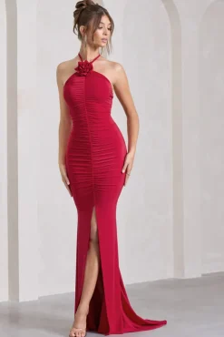 Holly | Red Ruched Halter-Neck Split Fishtail Maxi Dress