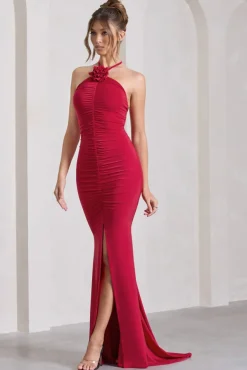 Holly | Red Ruched Halter-Neck Split Fishtail Maxi Dress