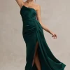 Hollywood | Bottle Green Satin Strapless Draped Maxi Dress
