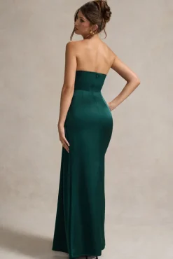 Hollywood | Bottle Green Satin Strapless Draped Maxi Dress