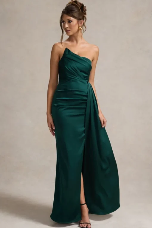 Hollywood | Bottle Green Satin Strapless Draped Maxi Dress