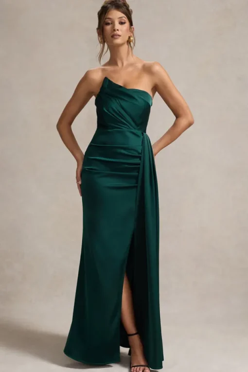 Hollywood | Bottle Green Satin Strapless Draped Maxi Dress