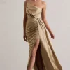 Hollywood | Champagne Satin Strapless Draped Maxi Dress