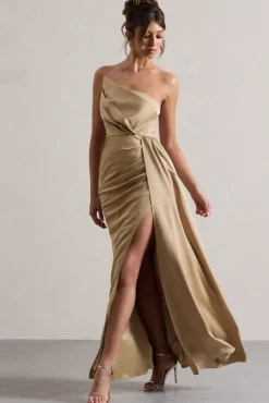 Hollywood | Champagne Satin Strapless Draped Maxi Dress