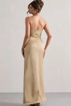 Hollywood | Champagne Satin Strapless Draped Maxi Dress