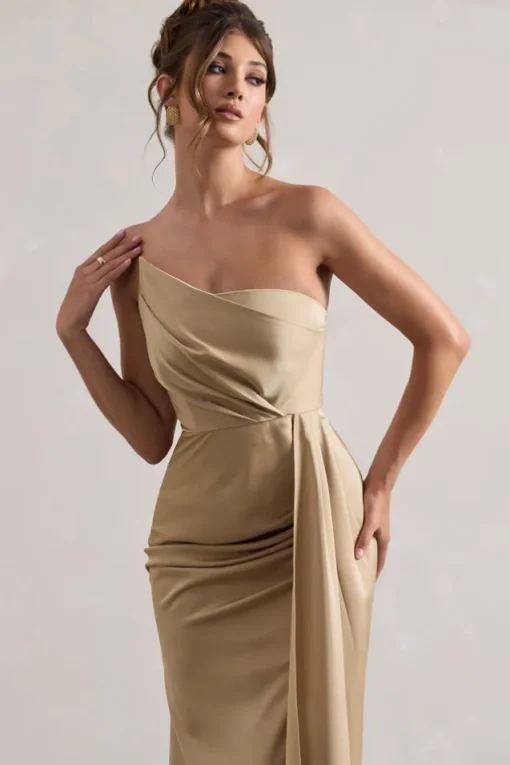 Hollywood | Champagne Satin Strapless Draped Maxi Dress