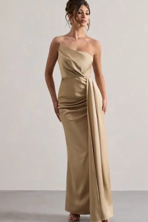 Hollywood | Champagne Satin Strapless Draped Maxi Dress