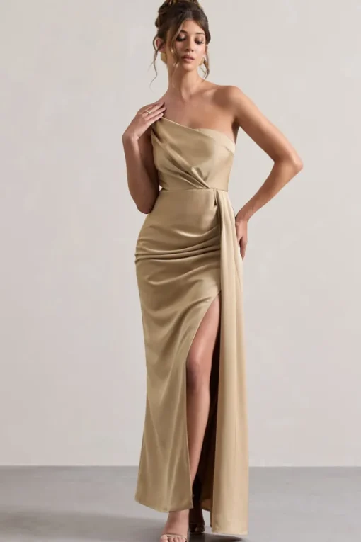 Hollywood | Champagne Satin Strapless Draped Maxi Dress