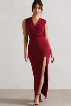 Honour | Berry V-Neck Split Maxi Dress With Cowl-Back