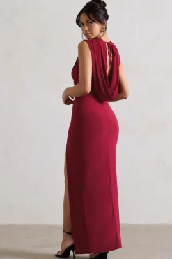 Honour | Berry V-Neck Split Maxi Dress With Cowl-Back