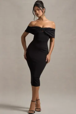 Hope | Black Bow Bardot Midi Dress