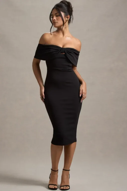 Hope | Black Bow Bardot Midi Dress