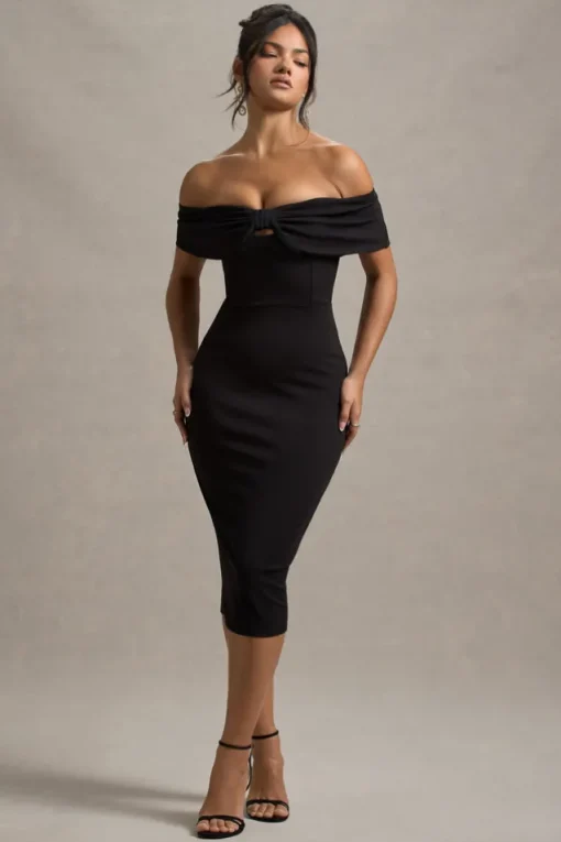 Hope | Black Bow Bardot Midi Dress