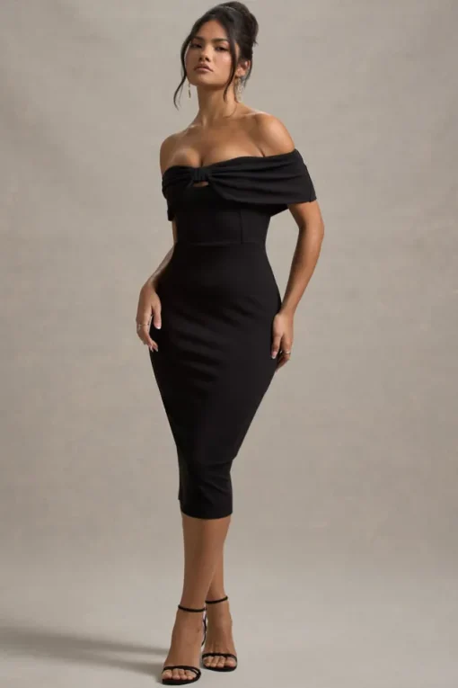 Hope | Black Bow Bardot Midi Dress