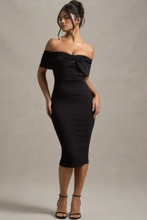 Hope | Black Bow Bardot Midi Dress