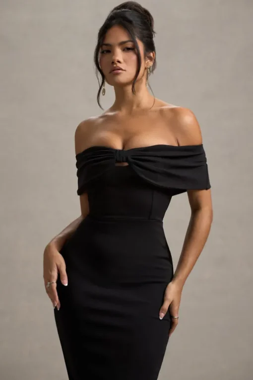 Hope | Black Bow Bardot Midi Dress