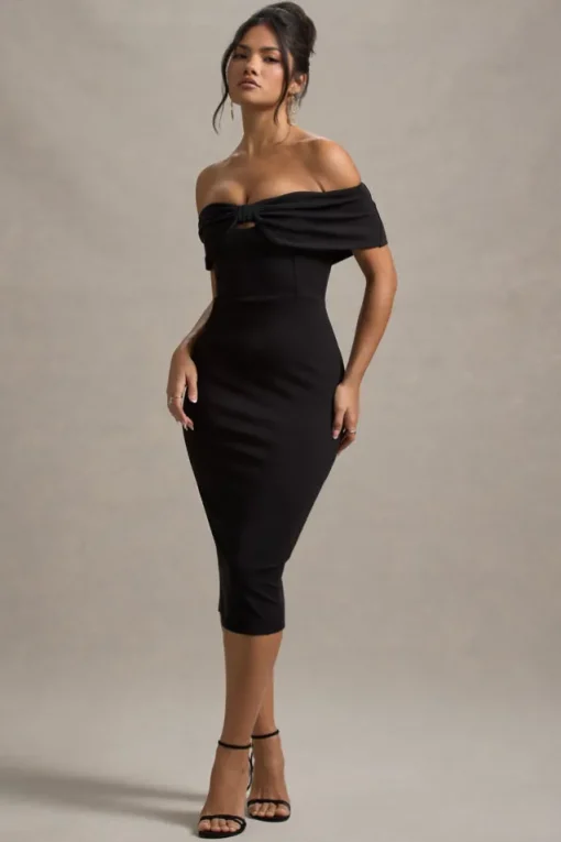 Hope | Black Bow Bardot Midi Dress