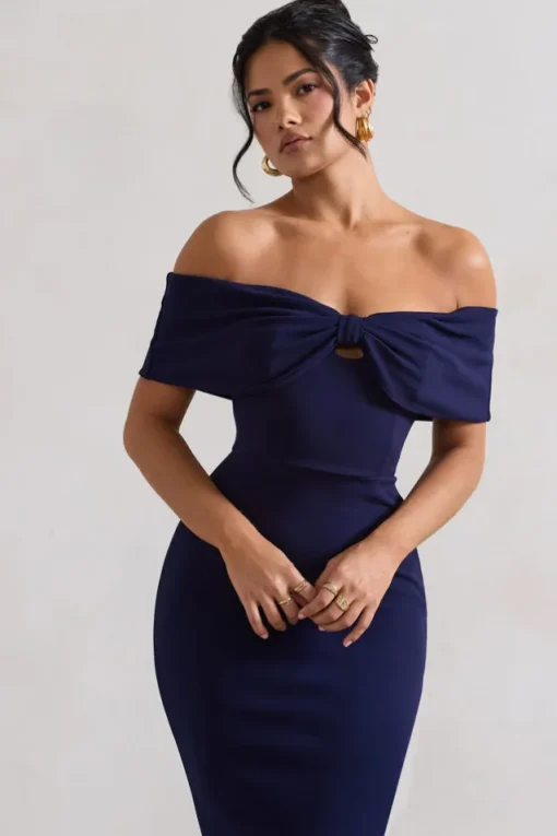 Hope | Navy Bow Bardot Midi Dress