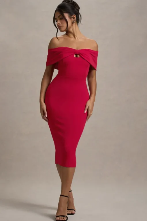 Hope | Red Bow Bardot Midi Dress