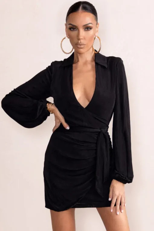 Hot Breeze | Black Plunge Neck Belt Detail Puff Sleeves Mini Dress