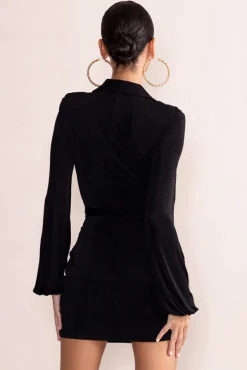 Hot Breeze | Black Plunge Neck Belt Detail Puff Sleeves Mini Dress